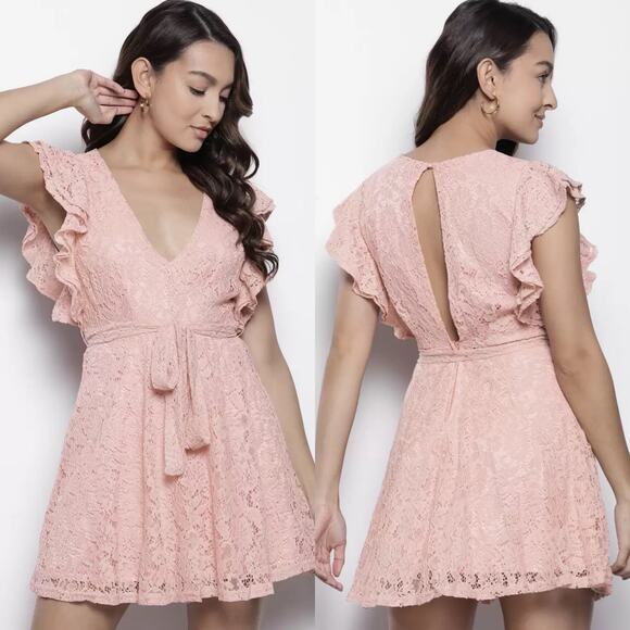 Boohoo Lace Ruffle Sleeve Skater Dress Blush 14 New - Picture 1 of 14